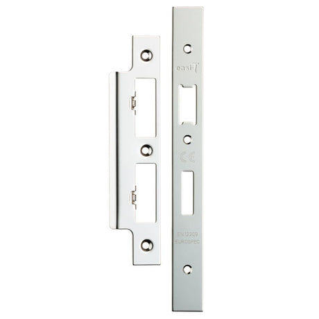 This is an image of a Eurospec - Forend Strike & Fixing Pack To Suit Din Euro Sash/Bathroom Lock-Brigh that is availble to order from Trade Door Handles in Kendal.