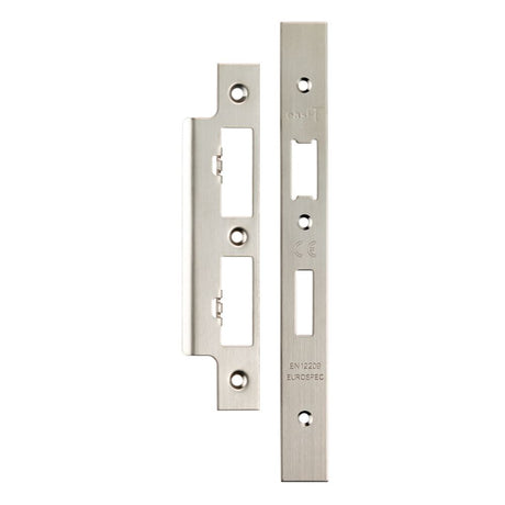 This is an image of a Eurospec - Forend Strike & Fixing Pack To Suit Din Euro Sash/Bathroom Lock-Satin that is availble to order from Trade Door Handles in Kendal.
