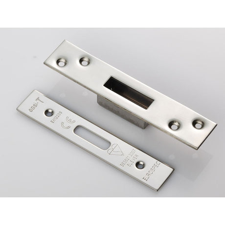 This is an image of a Eurospec - Easi T Forend Strikes & Fixing Pack To Suit BS 5 Lever Deadlock-Brigh that is availble to order from Trade Door Handles in Kendal.