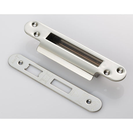 This is an image of a Eurospec - Easi T Forend Strike & FIxing Pack To Suit BS 5 Lever Sashlock-Bright that is availble to order from Trade Door Handles in Kendal.