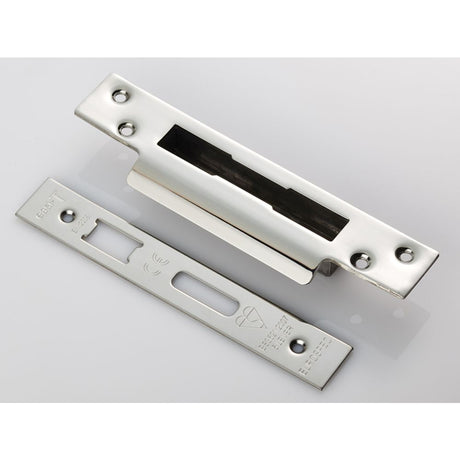 This is an image of a Eurospec - Easi T Forend Strike & FIxing Pack To Suit BS 5 Lever Sashlock-Bright that is availble to order from Trade Door Handles in Kendal.