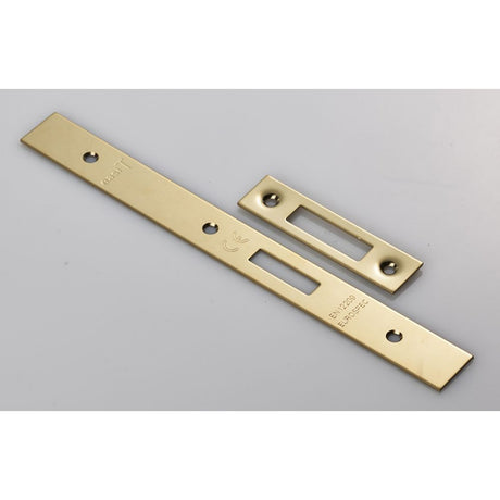 This is an image of a Eurospec - Forend Strike & Fixing Pack To Suit Din Euro Deadlock-PVD-Square Fore that is availble to order from Trade Door Handles in Kendal.