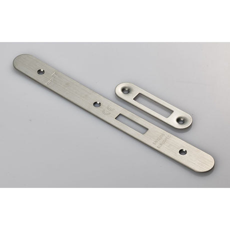 This is an image of a Eurospec - Forend Strike & Fixing Pack To Suit Din Euro Deadlock-Satin Stainless that is availble to order from Trade Door Handles in Kendal.