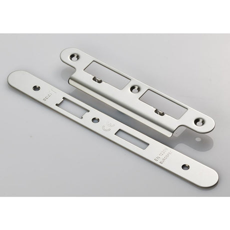 This is an image of a Eurospec - Forend Strike & Fixing Pack To Suit Din Euro Sash/Bathroom Lock-Brigh that is availble to order from Trade Door Handles in Kendal.