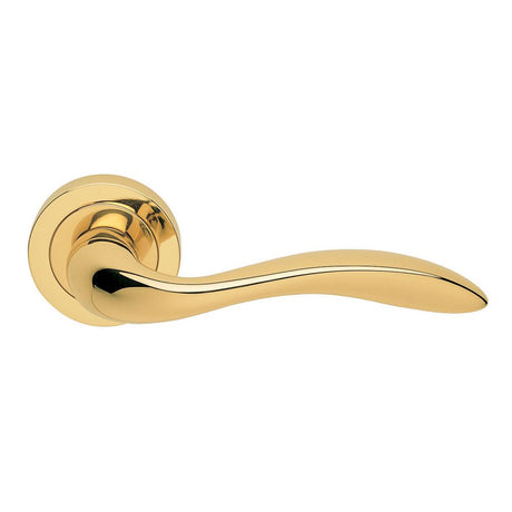 This is an image of a Manital - Giava Lever on Round Rose - Polished Brass that is availble to order from Trade Door Handles in Kendal.