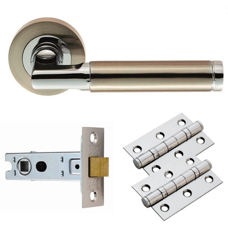 This is an image of a Carlisle Brass - Belas Lever on Rose Latch Pack - Satin Nickel / Polished Chrome that is availble to order from Trade Door Handles in Kendal.