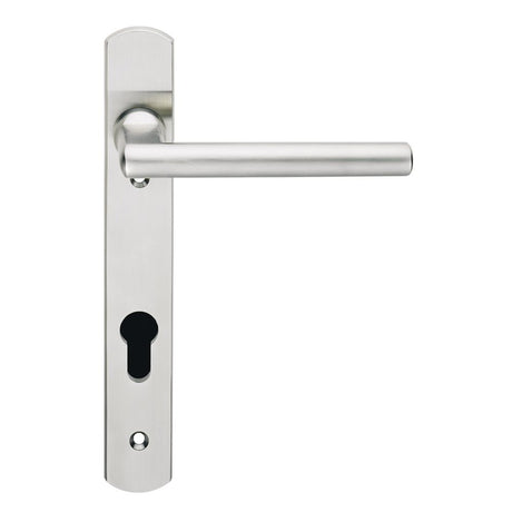 This is an image of a Eurospec - Steelworx 316 Narrow Plate Straight Lever - Satin Stainless Steel that is availble to order from Trade Door Handles in Kendal.