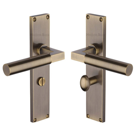 Heritage Brass Door Furniture Antique Brass / Bathroom Lock Handles Heritage Brass - Bauhaus Bathroom Set Door Handle on 200mm Plate Antique Brass finish