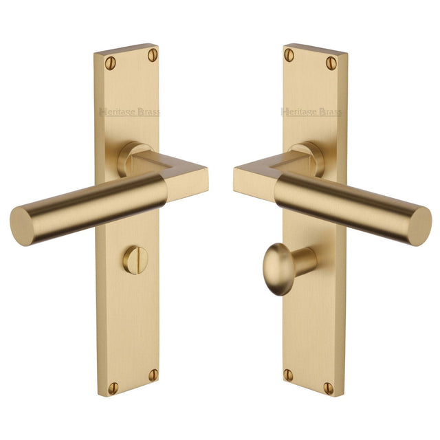 Heritage Brass Door Furniture Satin Brass / Bathroom Lock Handles Heritage Brass - Bauhaus Bathroom Set Door Handle on 200mm Plate Satin Brass finish