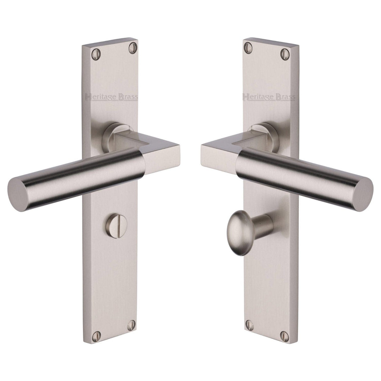 Heritage Brass Door Furniture Satin Nickel / Bathroom Lock Handles Heritage Brass - Bauhaus Bathroom Set Door Handle on 200mm Plate Satin Nickel finish