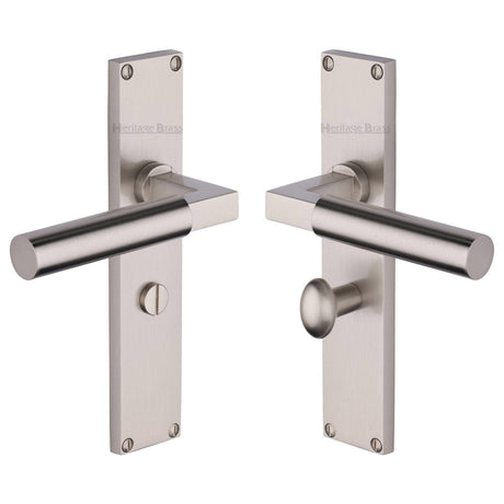 Heritage Brass Door Furniture Satin Nickel / Bathroom Lock Handles Heritage Brass - Bauhaus Bathroom Set Door Handle on 200mm Plate Satin Nickel finish