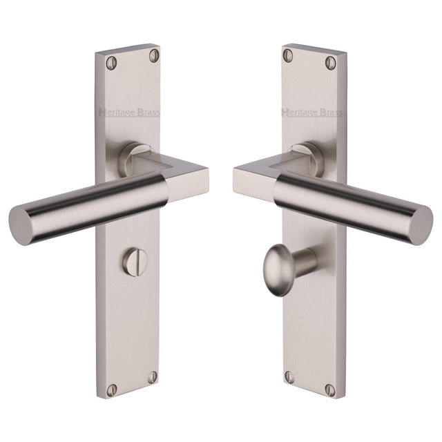 Heritage Brass Door Furniture Satin Nickel / Bathroom Lock Handles Heritage Brass - Bauhaus Bathroom Set Door Handle on 200mm Plate Satin Nickel finish