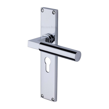 Heritage Brass Door Furniture Polished Chrome / Euro Profile Lock Handles Heritage Brass - Bauhaus Euro Profile Door Handle on 200mm Plate Polished Chrome finish