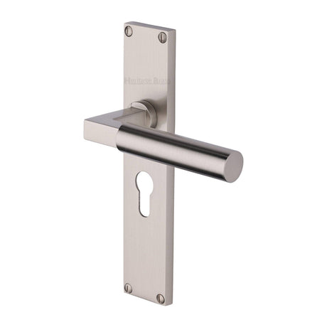 Heritage Brass Door Furniture Satin Nickel / Euro Profile Lock Handles Heritage Brass - Bauhaus Euro Profile Door Handle on 200mm Plate Satin Nickel finish