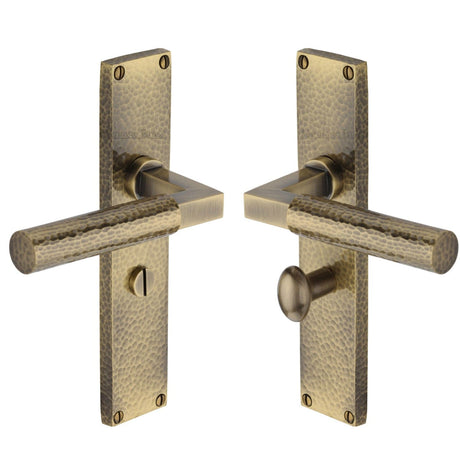 Heritage Brass Door Furniture Antique Brass / Bathroom Lock Handles Heritage Brass - Bauhaus Hammered Bathroom Set Door Handle on 200mm Plate Antique Brass finish