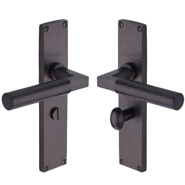 Heritage Brass Door Furniture Matt Bronze / Bathroom Lock Handles Heritage Brass - Bauhaus Hammered Bathroom Set Door Handle on 200mm Plate Matt Bronze finish