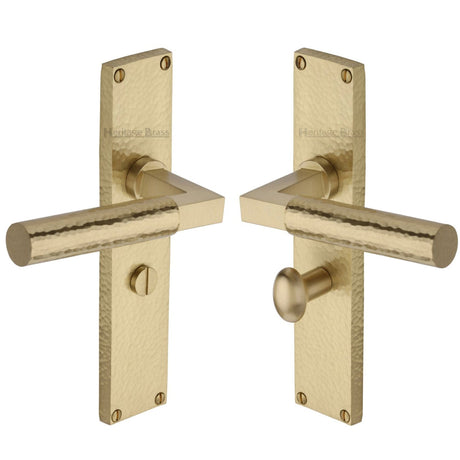 Heritage Brass Door Furniture Satin Brass / Bathroom Lock Handles Heritage Brass - Bauhaus Hammered Bathroom Set Door Handle on 200mm Plate Satin Brass finish