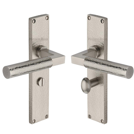 Heritage Brass Door Furniture Satin Nickel / Bathroom Lock Handles Heritage Brass - Bauhaus Hammered Bathroom Set Door Handle on 200mm Plate Satin Nickel finish