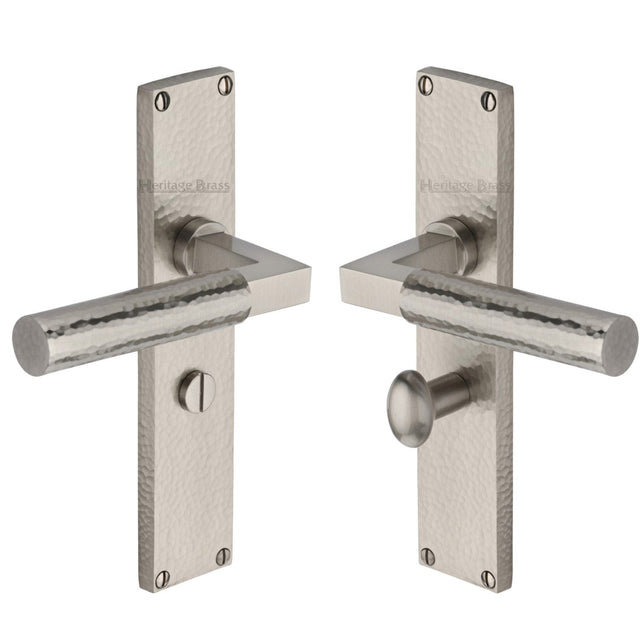 Heritage Brass Door Furniture Satin Nickel / Bathroom Lock Handles Heritage Brass - Bauhaus Hammered Bathroom Set Door Handle on 200mm Plate Satin Nickel finish