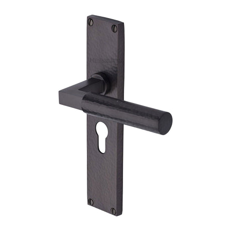 Heritage Brass Door Furniture Matt Bronze / Euro Profile Lock Handles Heritage Brass - Bauhaus Hammered Euro Profile Door Handle on 200mm Plate Matt Bronze finish