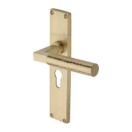 Heritage Brass Door Furniture Satin Brass / Euro Profile Lock Handles Heritage Brass - Bauhaus Hammered Euro Profile Door Handle on 200mm Plate Satin Brass finish