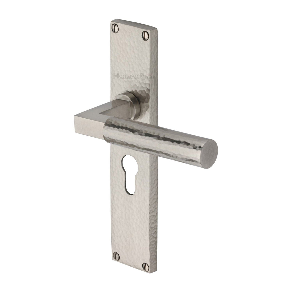 Heritage Brass Door Furniture Satin Nickel / Euro Profile Lock Handles Heritage Brass - Bauhaus Hammered Euro Profile Door Handle on 200mm Plate Satin Nickel finish