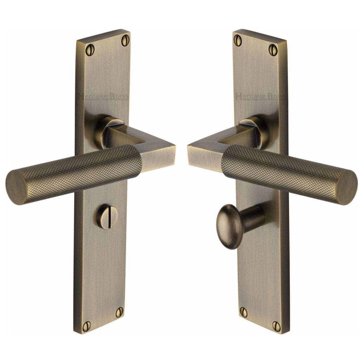 Heritage Brass Door Furniture Antique Brass / Bathroom Lock Handles Heritage Brass - Bauhaus Knurled Bathroom Set Door Handle on 200mm Plate Antique Brass finish