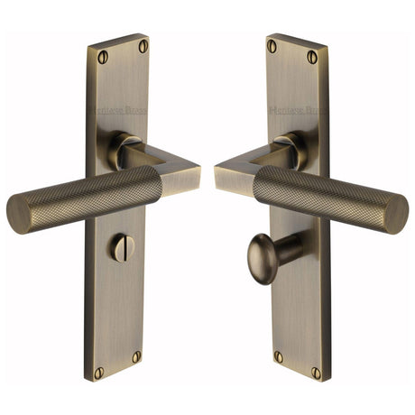 Heritage Brass Door Furniture Antique Brass / Bathroom Lock Handles Heritage Brass - Bauhaus Knurled Bathroom Set Door Handle on 200mm Plate Antique Brass finish
