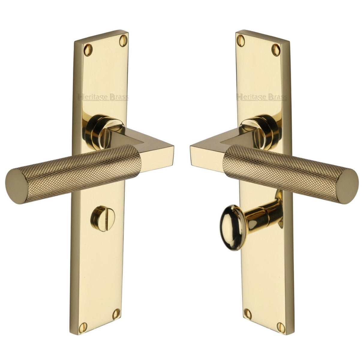 Heritage Brass Door Furniture Polished Brass / Bathroom Lock Handles Heritage Brass - Bauhaus Knurled Bathroom Set Door Handle on 200mm Plate Polished Brass finish