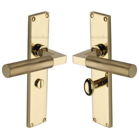 Heritage Brass Door Furniture Polished Brass / Bathroom Lock Handles Heritage Brass - Bauhaus Knurled Bathroom Set Door Handle on 200mm Plate Polished Brass finish