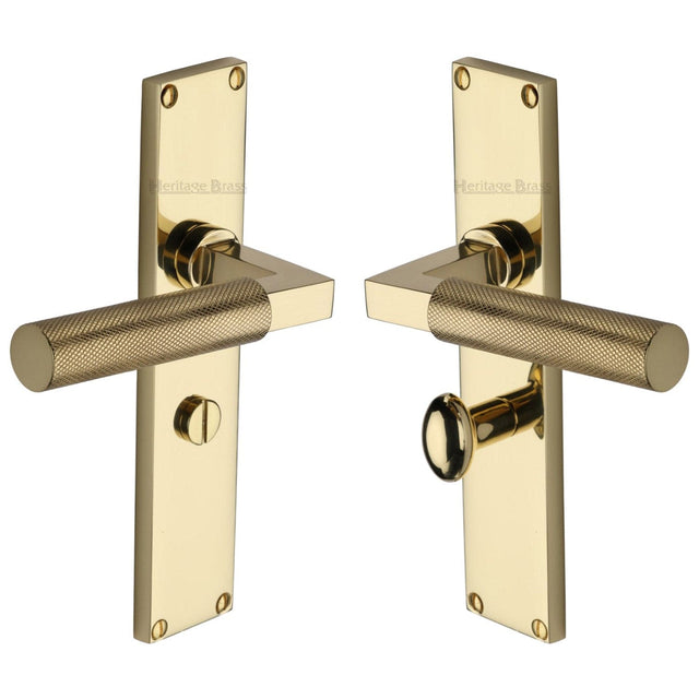 Heritage Brass Door Furniture Polished Brass / Bathroom Lock Handles Heritage Brass - Bauhaus Knurled Bathroom Set Door Handle on 200mm Plate Polished Brass finish
