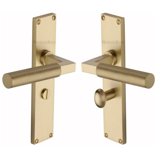 Heritage Brass Door Furniture Satin Brass / Bathroom Lock Handles Heritage Brass - Bauhaus Knurled Bathroom Set Door Handle on 200mm Plate Satin Brass finish