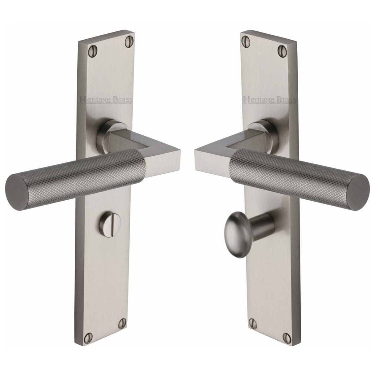 Heritage Brass Door Furniture Satin Nickel / Bathroom Lock Handles Heritage Brass - Bauhaus Knurled Bathroom Set Door Handle on 200mm Plate Satin Nickel finish