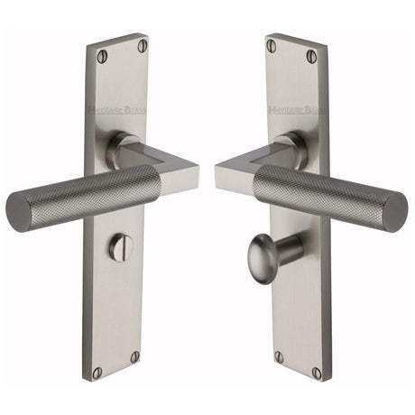Heritage Brass Door Furniture Satin Nickel / Bathroom Lock Handles Heritage Brass - Bauhaus Knurled Bathroom Set Door Handle on 200mm Plate Satin Nickel finish