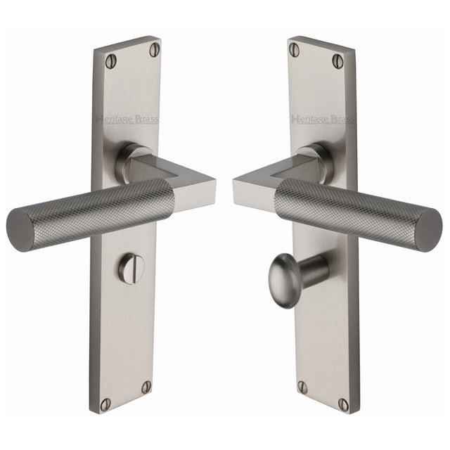 Heritage Brass Door Furniture Satin Nickel / Bathroom Lock Handles Heritage Brass - Bauhaus Knurled Bathroom Set Door Handle on 200mm Plate Satin Nickel finish