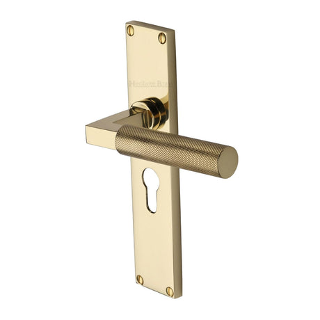 Heritage Brass Door Furniture Polished Brass / Euro Profile Lock Handles Heritage Brass - Bauhaus Knurled Euro Profile Door Handle on 200mm Plate Polished Brass finish