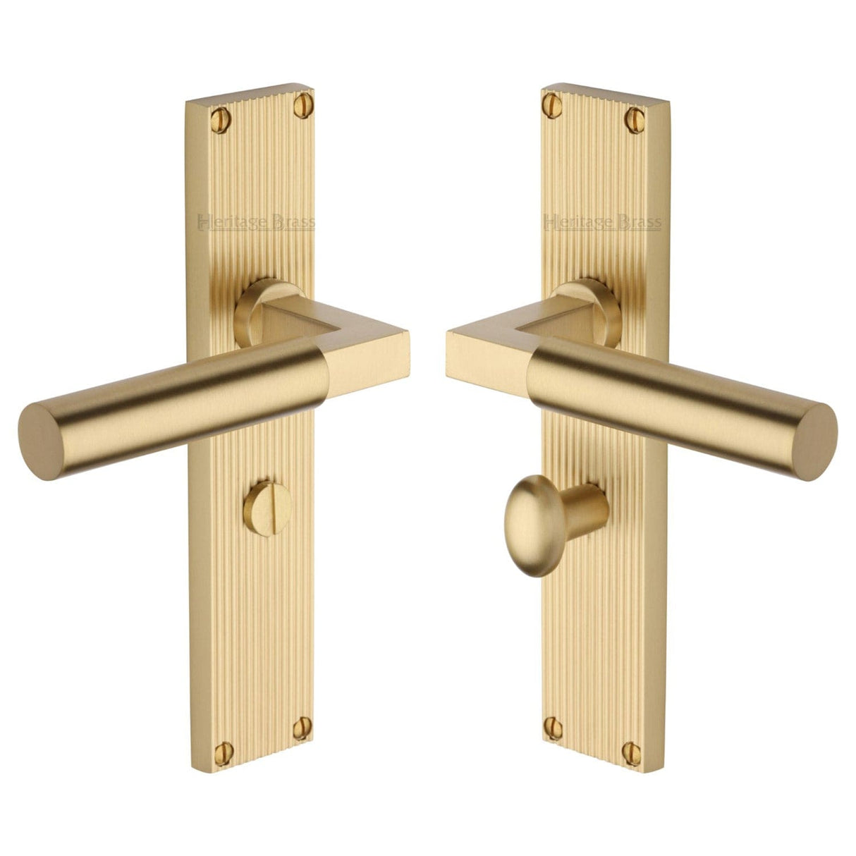 Heritage Brass Door Furniture Satin Brass / Bathroom Lock Handles Heritage Brass - Bauhaus Reeded Bathroom Set Satin Brass finish