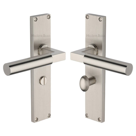 Heritage Brass Door Furniture Satin Nickel / Bathroom Lock Handles Heritage Brass - Bauhaus Reeded Bathroom Set Satin Nickel finish
