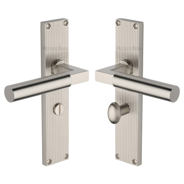 Heritage Brass Door Furniture Satin Nickel / Bathroom Lock Handles Heritage Brass - Bauhaus Reeded Bathroom Set Satin Nickel finish