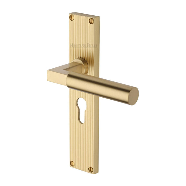 Heritage Brass Door Furniture Satin Brass / Euro Profile Lock Handles Heritage Brass - Bauhaus Reeded Euro Profile Satin Brass finish