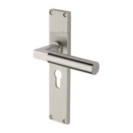 Heritage Brass Door Furniture Satin Nickel / Euro Profile Lock Handles Heritage Brass - Bauhaus Reeded Euro Profile Satin Nickel finish