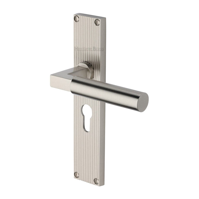 Heritage Brass Door Furniture Satin Nickel / Euro Profile Lock Handles Heritage Brass - Bauhaus Reeded Euro Profile Satin Nickel finish