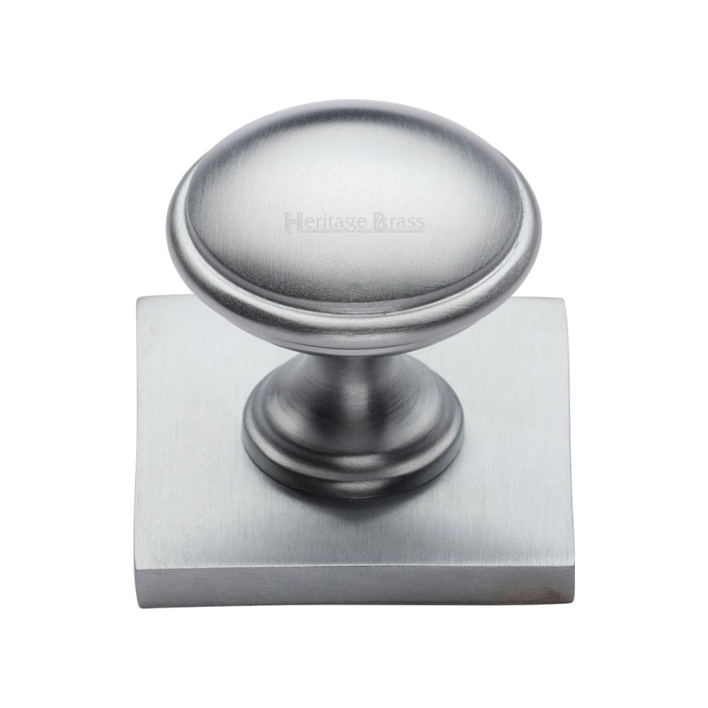 Heritage Brass Cabinet Hardware Satin Chrome / Cabinet Knob on Backplate / 32mm Dia. Heritage Brass - Cabinet Knob Domed Design with Square Backplate 32mm Satin Chrom
