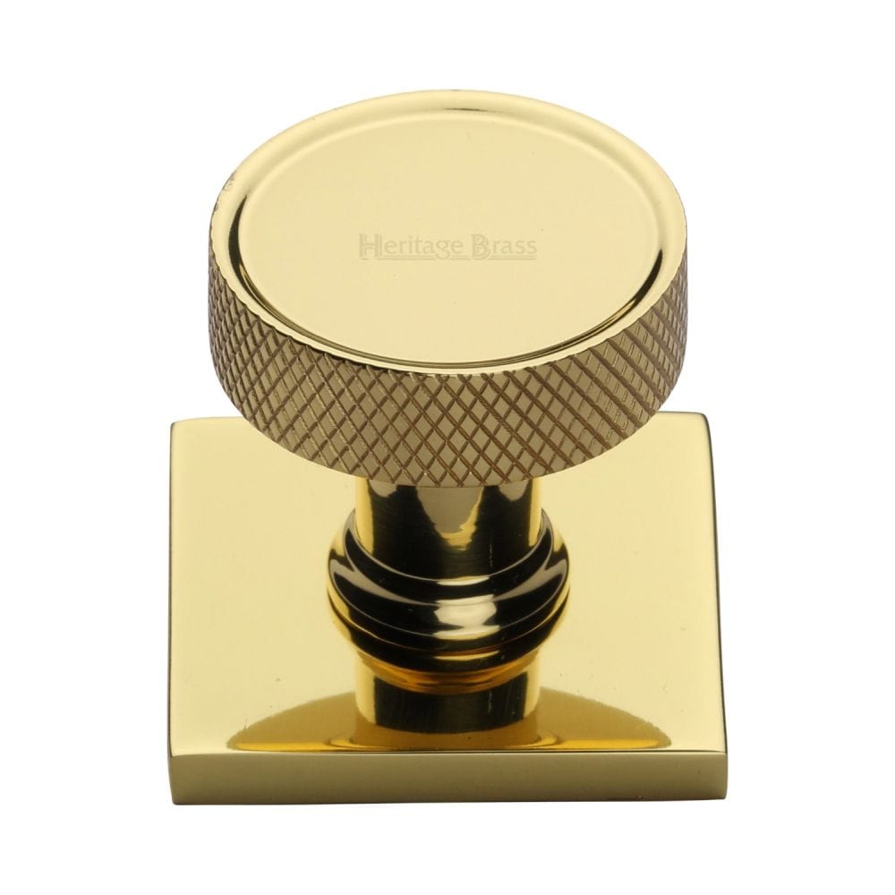 Heritage Brass Cabinet Hardware Polished Brass / Cabinet Knob on Backplate / 32mm Dia. Heritage Brass - Cabinet Knob Florence Knurled Design with Square Backplate 32mm
