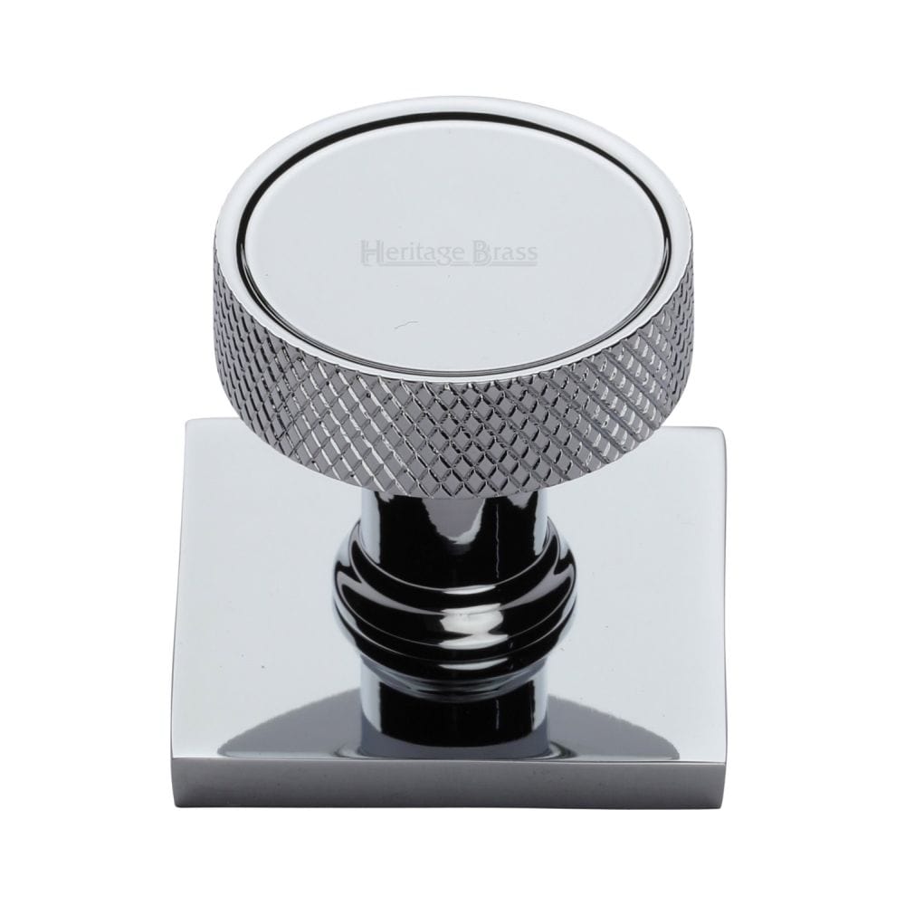 Heritage Brass Cabinet Hardware Polished Chrome / Cabinet Knob on Backplate / 32mm Dia. Heritage Brass - Cabinet Knob Florence Knurled Design with Square Backplate 32mm