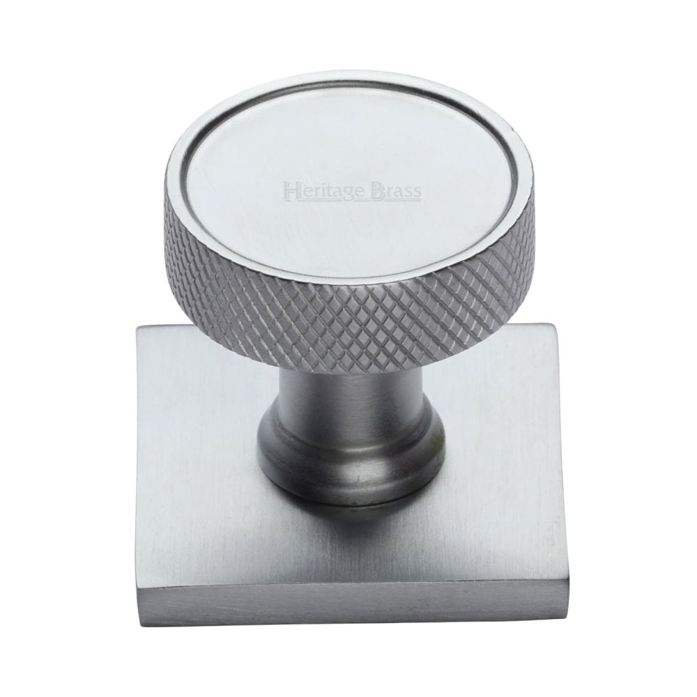 Heritage Brass Cabinet Hardware Satin Chrome / Cabinet Knob on Backplate / 32mm Dia. Heritage Brass - Cabinet Knob Florence Knurled Design with Square Backplate 32mm