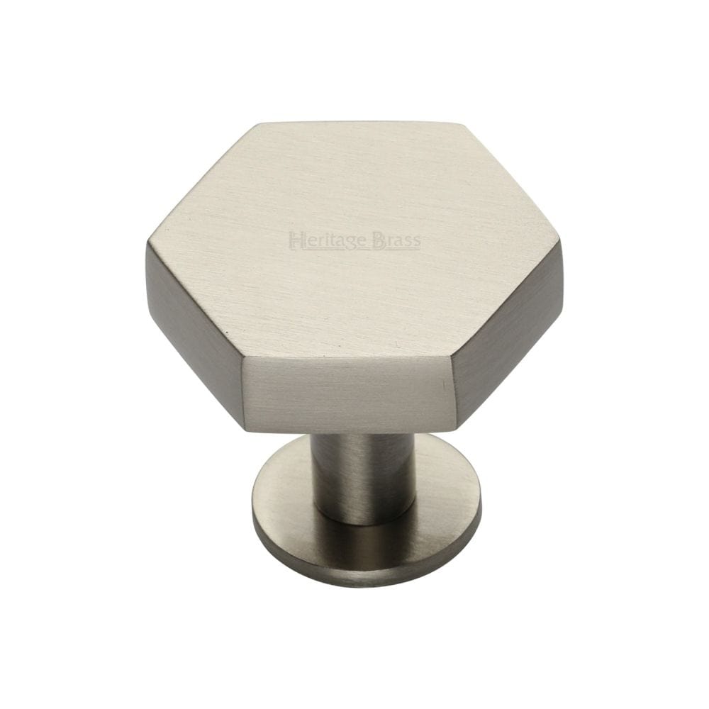 Heritage Brass Cabinet Hardware Satin Nickel / Cabinet Knobs / 32mm Dia. Heritage Brass - Cabinet Knob Hexagon Design with Rose 32mm Satin Nickel Finish
