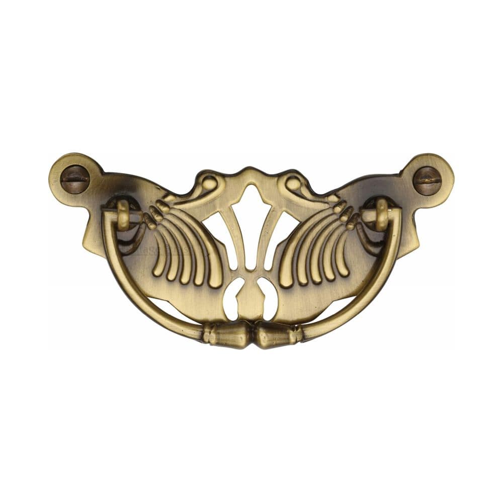 Heritage Brass Cabinet Hardware Antique Brass / Cabinet Drop Pulls / 78mm c/c Heritage Brass - Cabinet Pull Ornate Plate Design Antique Brass Finish