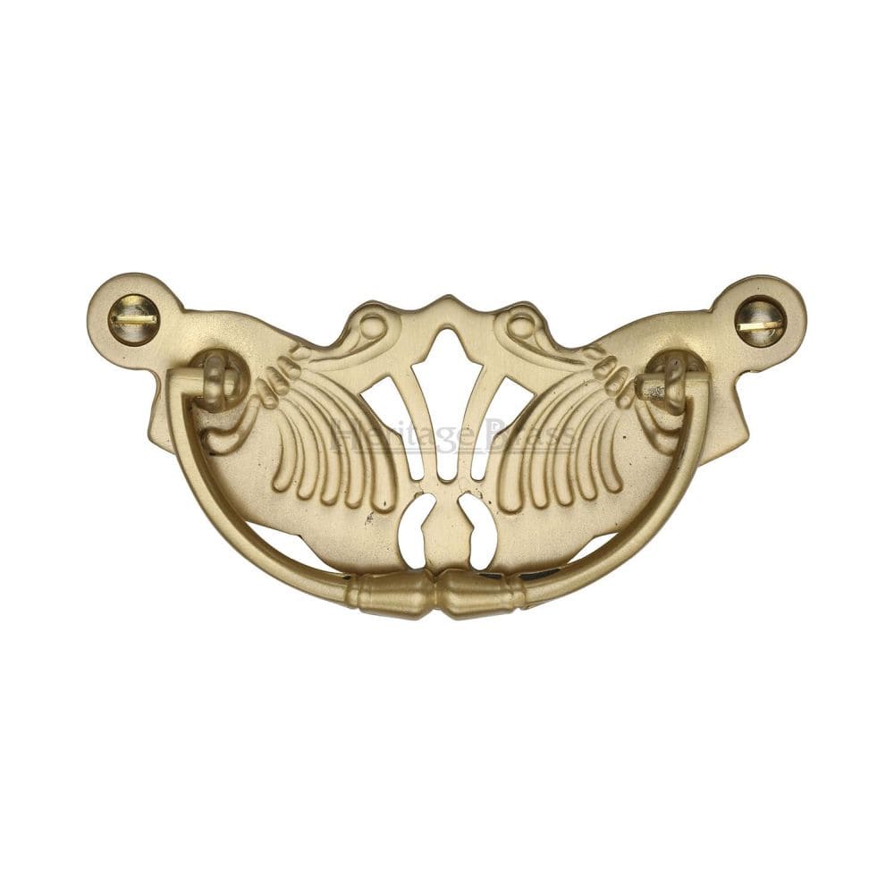 Heritage Brass Cabinet Hardware Satin Brass / Cabinet Drop Pulls / 78mm c/c Heritage Brass - Cabinet Pull Ornate Plate Design Satin Brass Finish