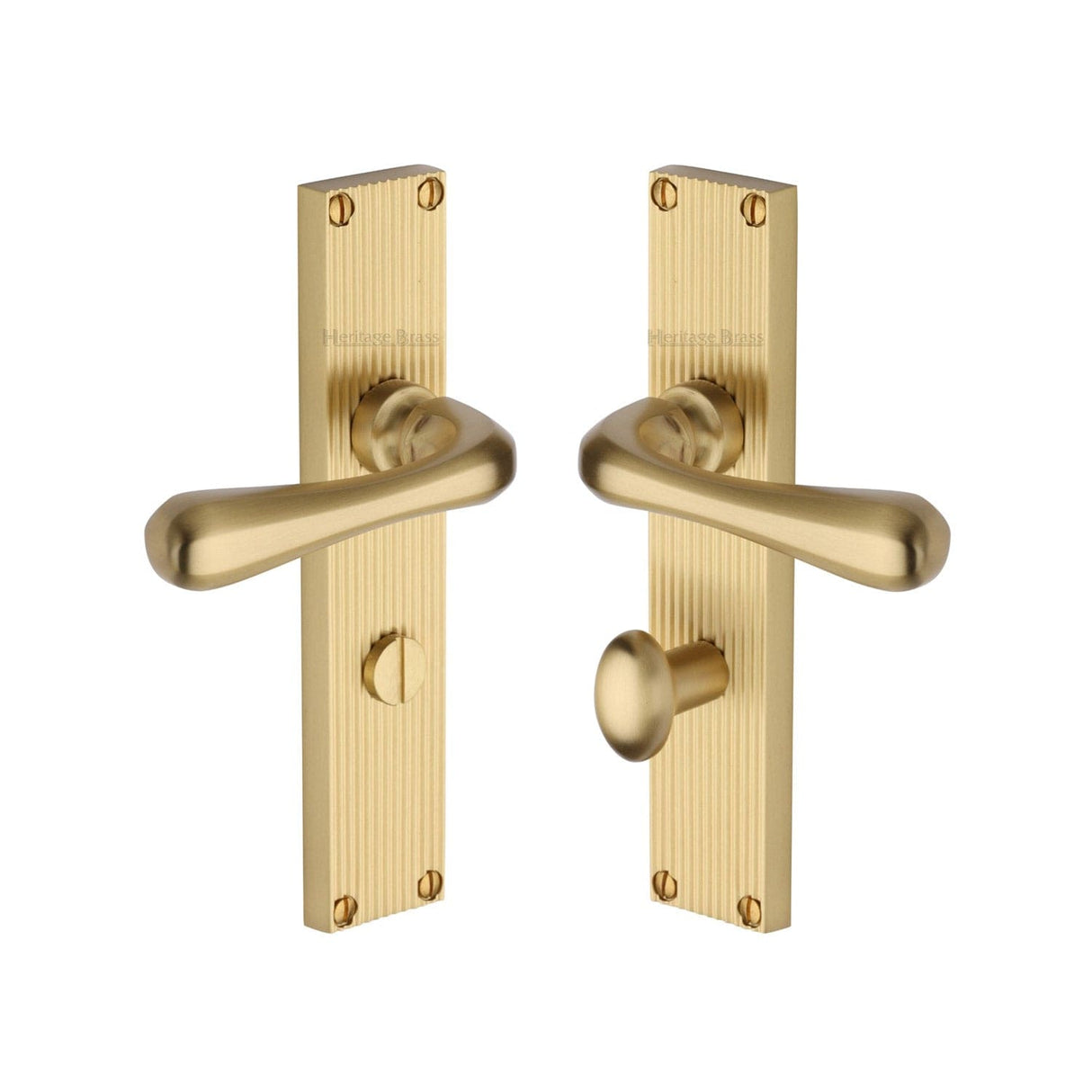 Heritage Brass Door Furniture Satin Brass / Bathroom Lock Handles Heritage Brass - Charlbury Reeded Bathroom Set Satin Brass finish